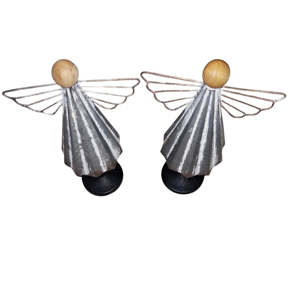 2-Galvanized Steel and Wire Angels Metal Stand And Wings Wooden Head Home Decor